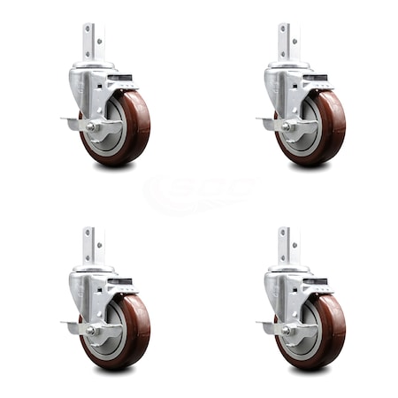 Service Caster 4 Inch Maroon Poly Wheel Swivel 7/8 Inch Square Stem Caster Set with Brake SCC SCC-SQ20S414-PPUB-MRN-TLB-78-4